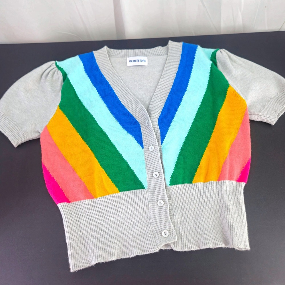OXKNITSTORE Retro Rainbow Stripe Short Sleeve Soft Cardigan Grey V-Neck Button - Picture 2 of 8